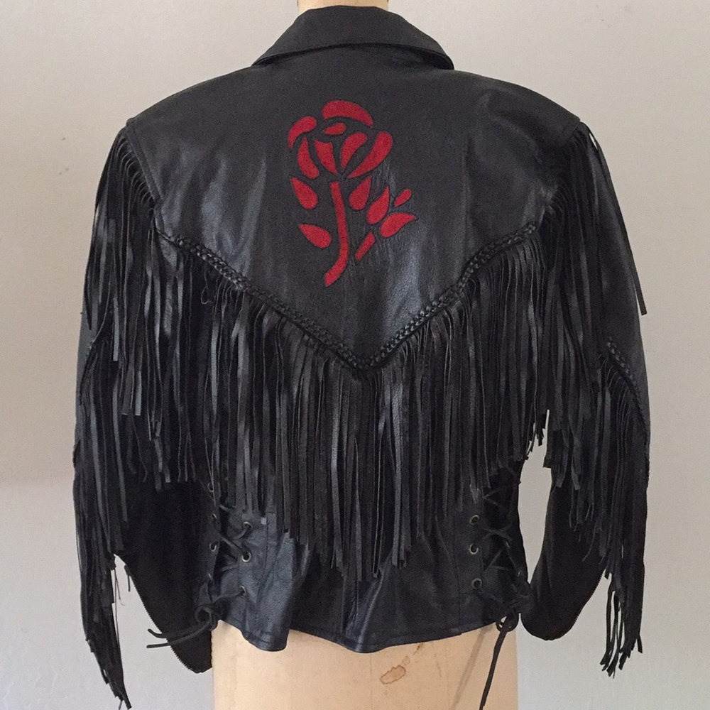 Black leather, red rose fringe jacket size ca